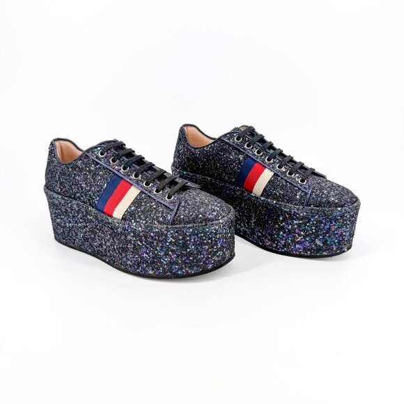 Gucci Peggy Platform Sneakers EU 38 US 8 Navy Blue Purple Chunky Glitter Low Top - Picture 1 of 14